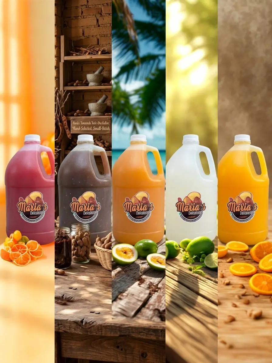 Galones de jugos naturales de Maria’s Delicatessen en cinco sabores